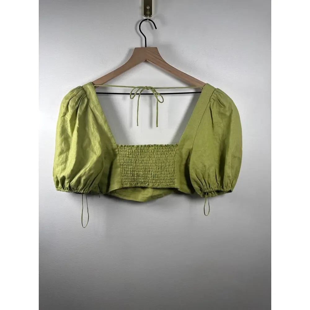 Reformation 100% Linen Puff Sleeve Crop Top Green, Size 10